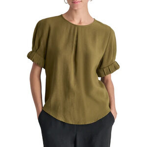 DKNY Women's Puff-Sleeve Pleated Top in Dark Olive Green Size XL 17247